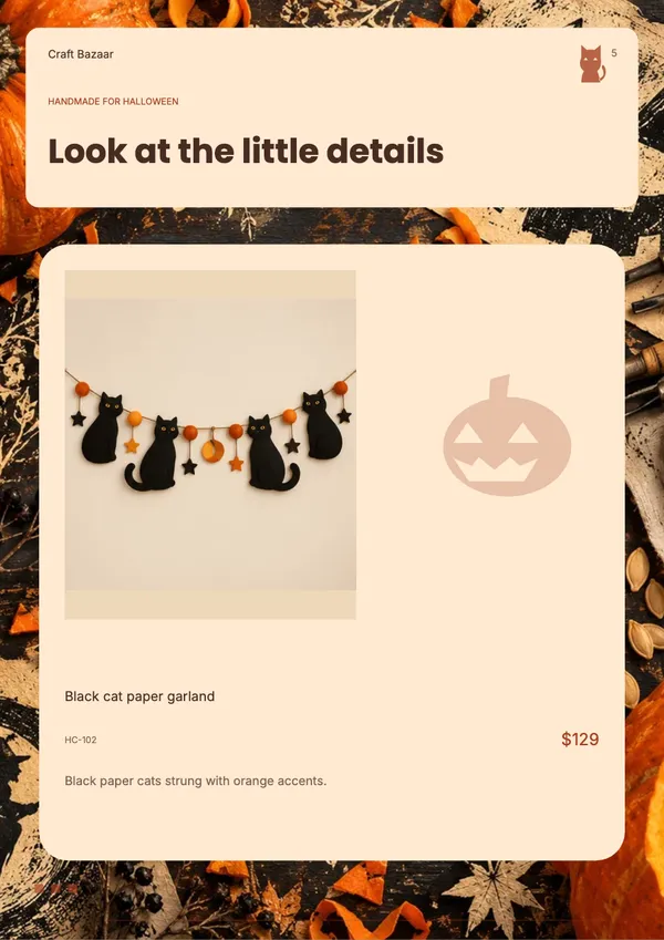 Page 5 of the Pumpkin Atelier handicrafts & gifts catalogue template: product feature