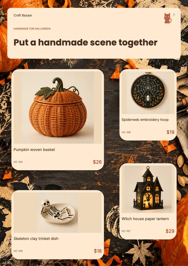 Page 7 of the Pumpkin Atelier handicrafts & gifts catalogue template: products in mixed sizes