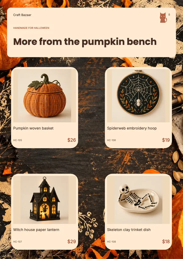 Page 8 of the Pumpkin Atelier handicrafts & gifts catalogue template: pumpkin atelier products over halloween artwork