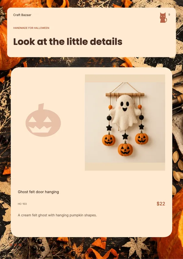 Page 9 of the Pumpkin Atelier handicrafts & gifts catalogue template: product feature