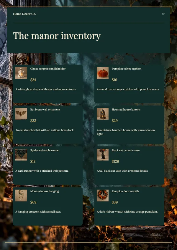 Page 10 of the Haunted Manor home decor catalogue template: shopping list