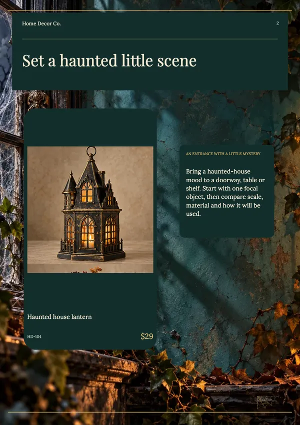 Page 2 of the Haunted Manor home decor catalogue template: introduction