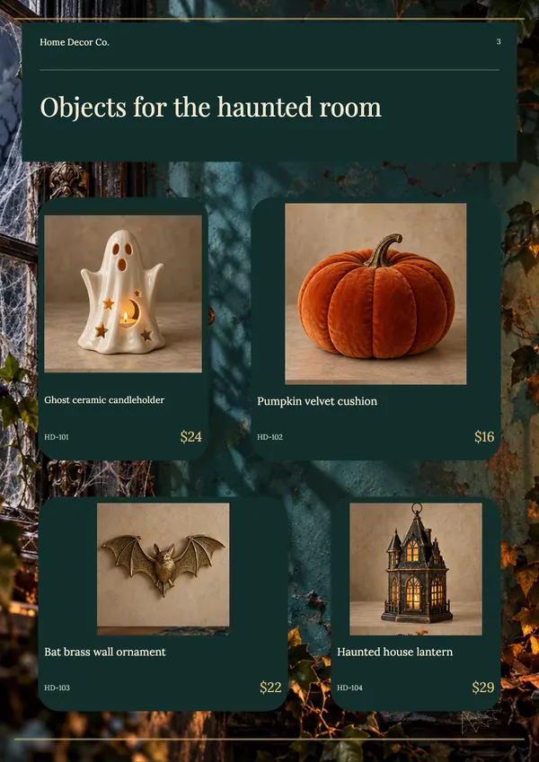 Page 3 of the Haunted Manor home decor catalogue template: four products