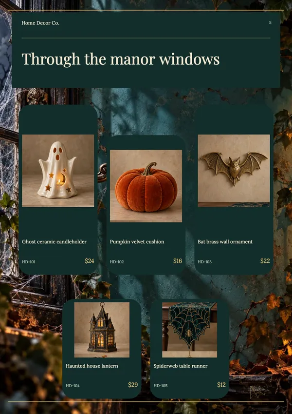 Page 5 of the Haunted Manor home decor catalogue template: haunted manor collection display