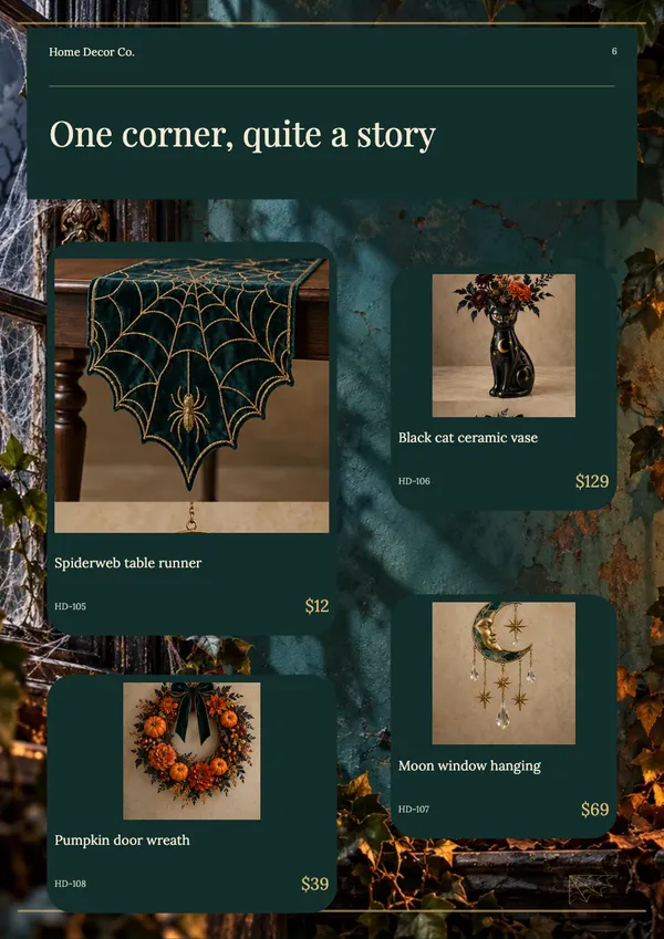 Page 6 of the Haunted Manor home decor catalogue template: products in mixed sizes