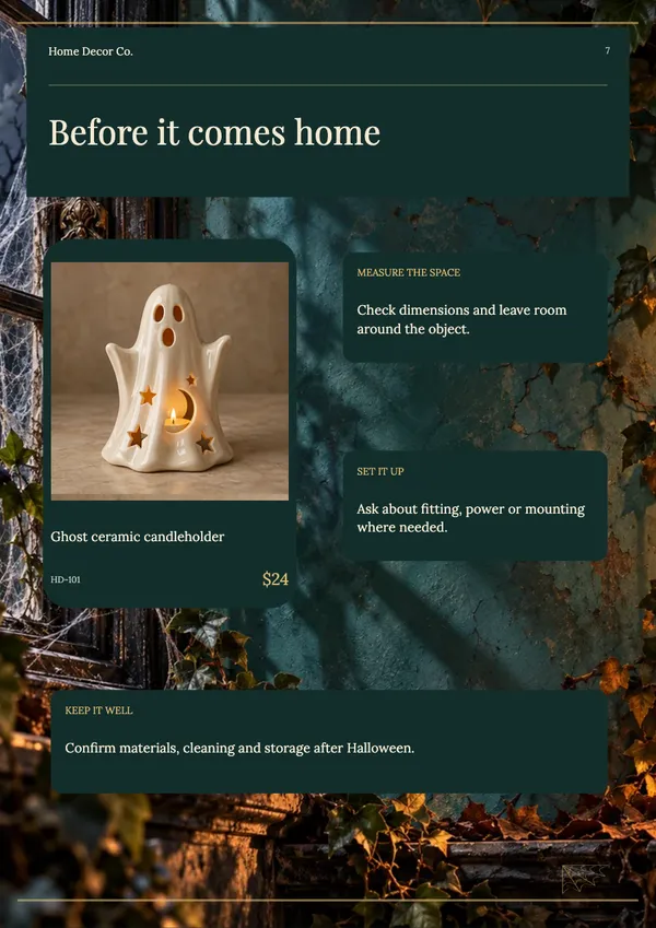 Page 7 of the Haunted Manor home decor catalogue template: details page