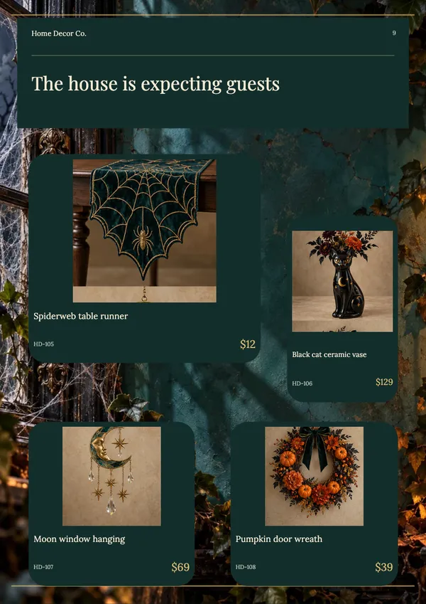 Page 9 of the Haunted Manor home decor catalogue template: haunted manor products over halloween artwork