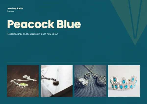 Page 1 of the Peacock Blue jewellery brochure template: cover