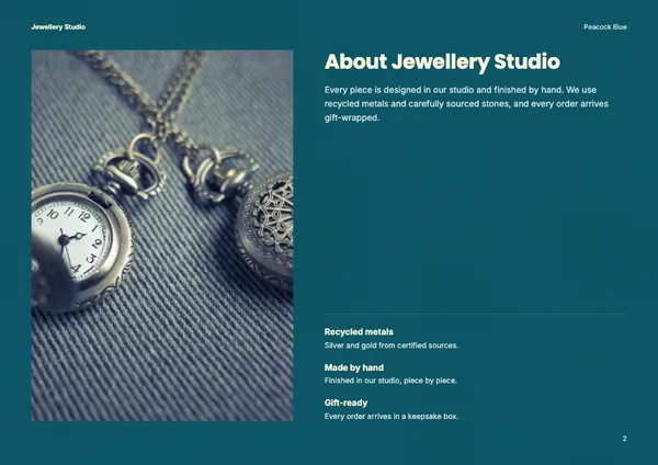 Page 2 of the Peacock Blue jewellery brochure template: about