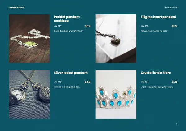 Page 3 of the Peacock Blue jewellery brochure template: products