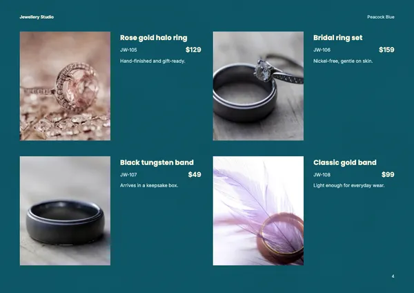 Page 4 of the Peacock Blue jewellery brochure template: products
