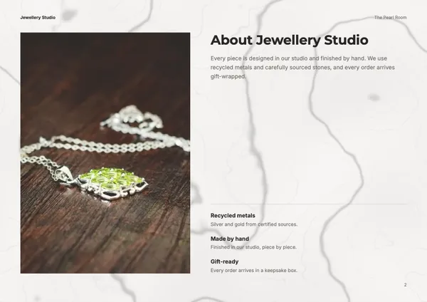 Page 2 of the Pearl Room jewellery brochure template: about