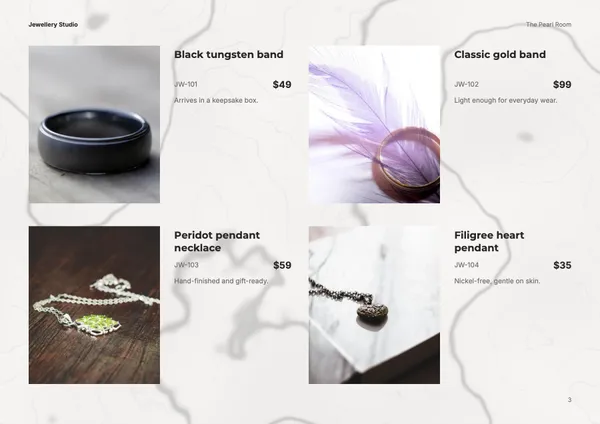Page 3 of the Pearl Room jewellery brochure template: products