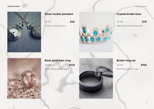 Page 4 of the Pearl Room jewellery brochure template: products