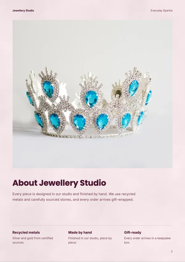 Page 2 of the Blush Studio jewellery catalogue template: about