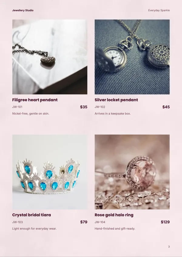 Page 3 of the Blush Studio jewellery catalogue template: products