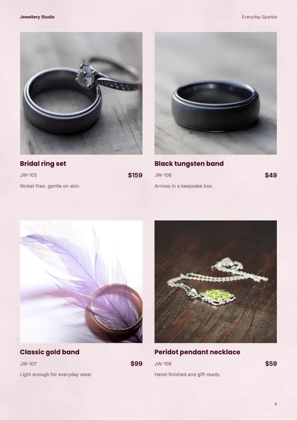 Page 4 of the Blush Studio jewellery catalogue template: products