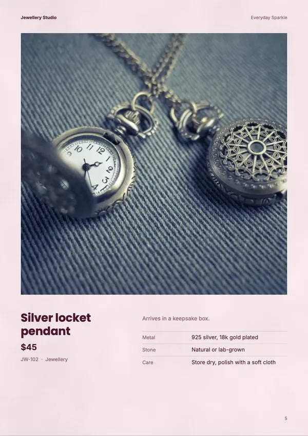 Page 5 of the Blush Studio jewellery catalogue template: one product