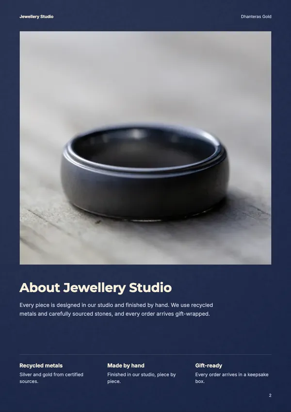 Page 2 of the Dhanteras jewellery catalogue template: about