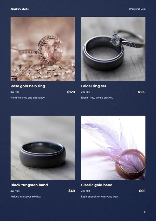 Page 3 of the Dhanteras jewellery catalogue template: products