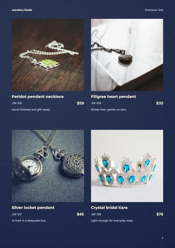 Page 4 of the Dhanteras jewellery catalogue template: products