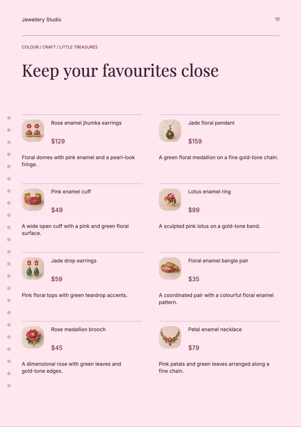 Page 10 of the Enamel Garden jewellery catalogue template: shopping list