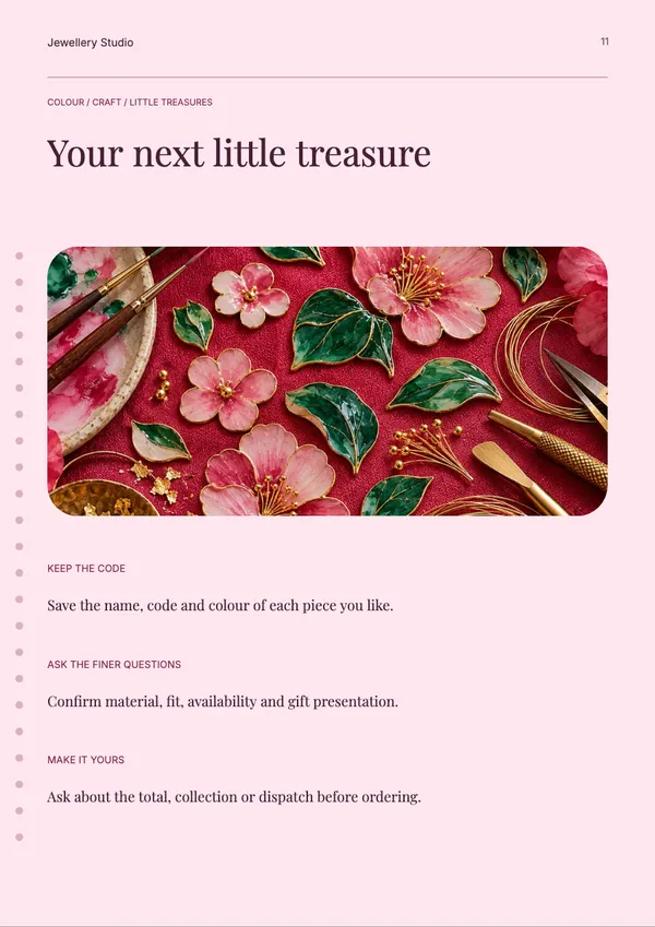 Page 11 of the Enamel Garden jewellery catalogue template: how to order