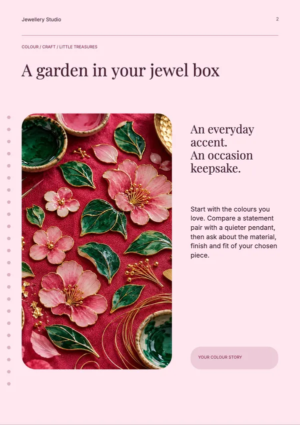 Page 2 of the Enamel Garden jewellery catalogue template: introduction