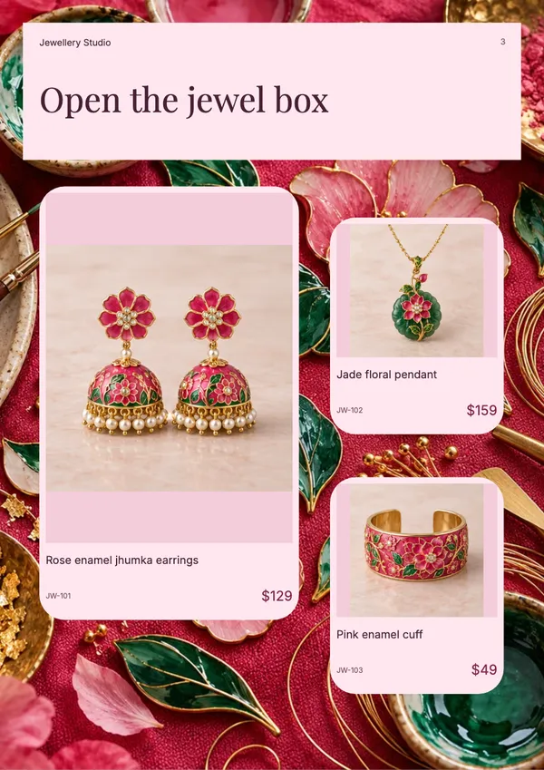 Page 3 of the Enamel Garden jewellery catalogue template: the open jewellery tray