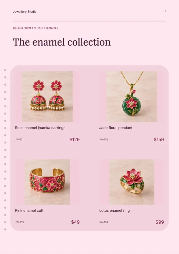 Page 4 of the Enamel Garden jewellery catalogue template: four products