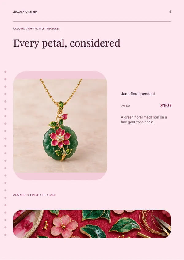 Page 5 of the Enamel Garden jewellery catalogue template: product feature