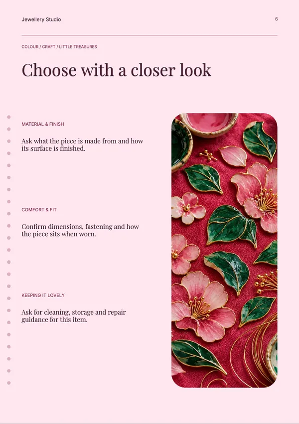 Page 6 of the Enamel Garden jewellery catalogue template: details page