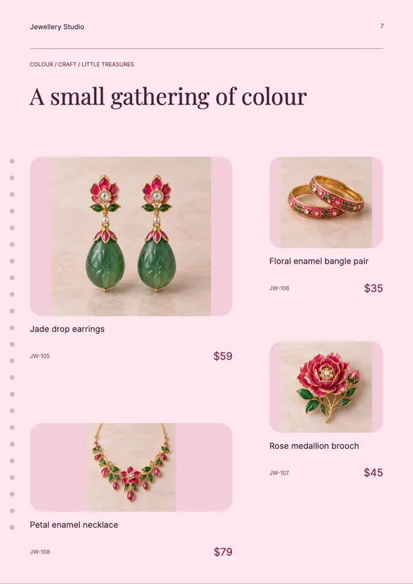 Page 7 of the Enamel Garden jewellery catalogue template: products in mixed sizes