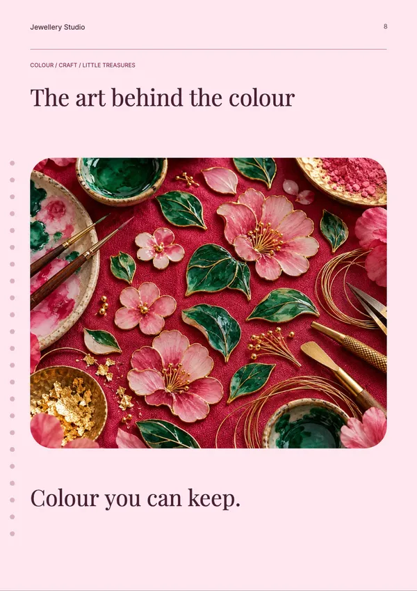 Page 8 of the Enamel Garden jewellery catalogue template: artwork page