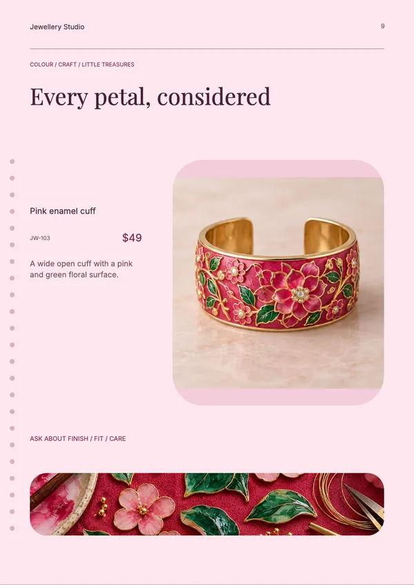 Page 9 of the Enamel Garden jewellery catalogue template: product feature