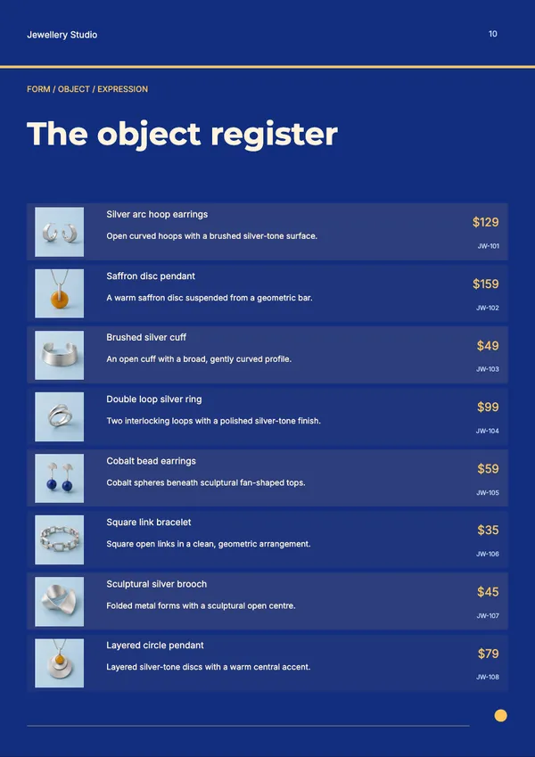 Page 10 of the Form & Glow jewellery catalogue template: shopping list
