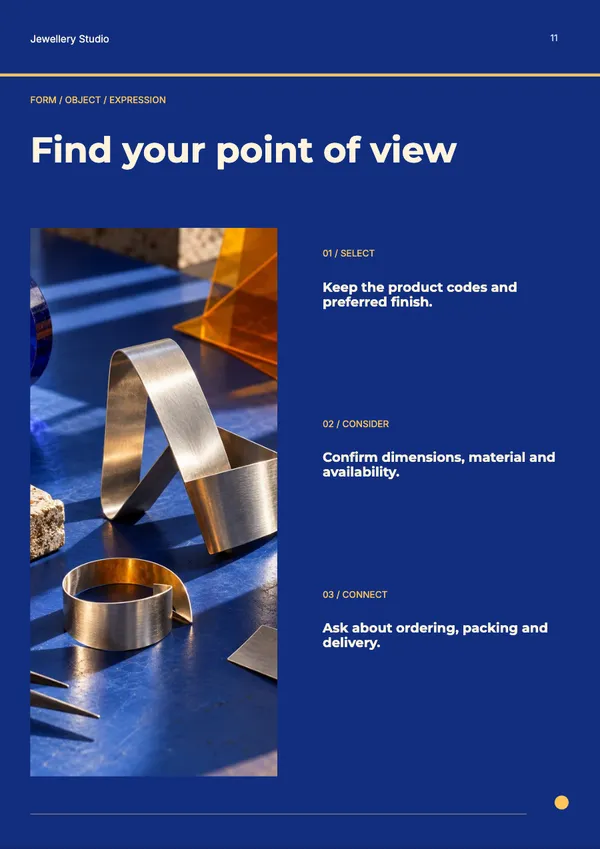 Page 11 of the Form & Glow jewellery catalogue template: how to order