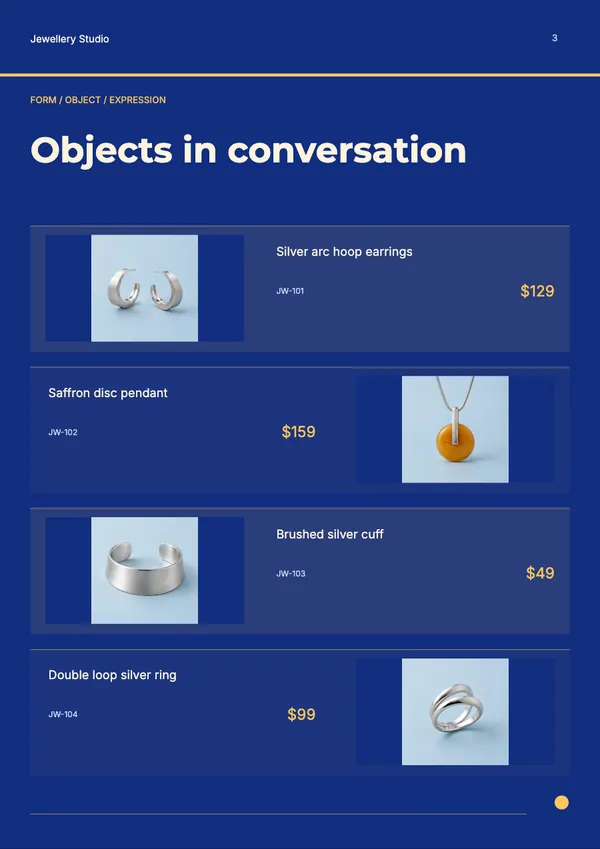Page 3 of the Form & Glow jewellery catalogue template: four products