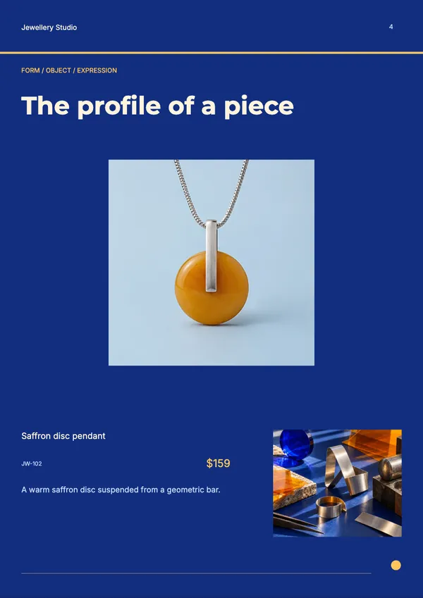 Page 4 of the Form & Glow jewellery catalogue template: product feature