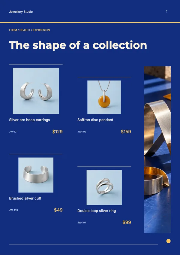 Page 5 of the Form & Glow jewellery catalogue template: four sculptural studies