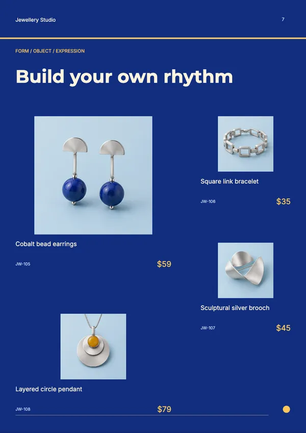 Page 7 of the Form & Glow jewellery catalogue template: products in mixed sizes