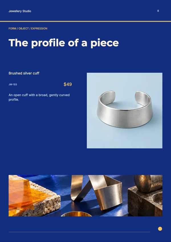 Page 8 of the Form & Glow jewellery catalogue template: product feature