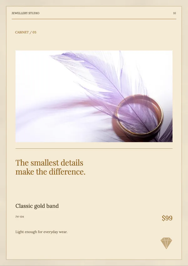 Page 10 of the Golden Hour jewellery catalogue template: product feature