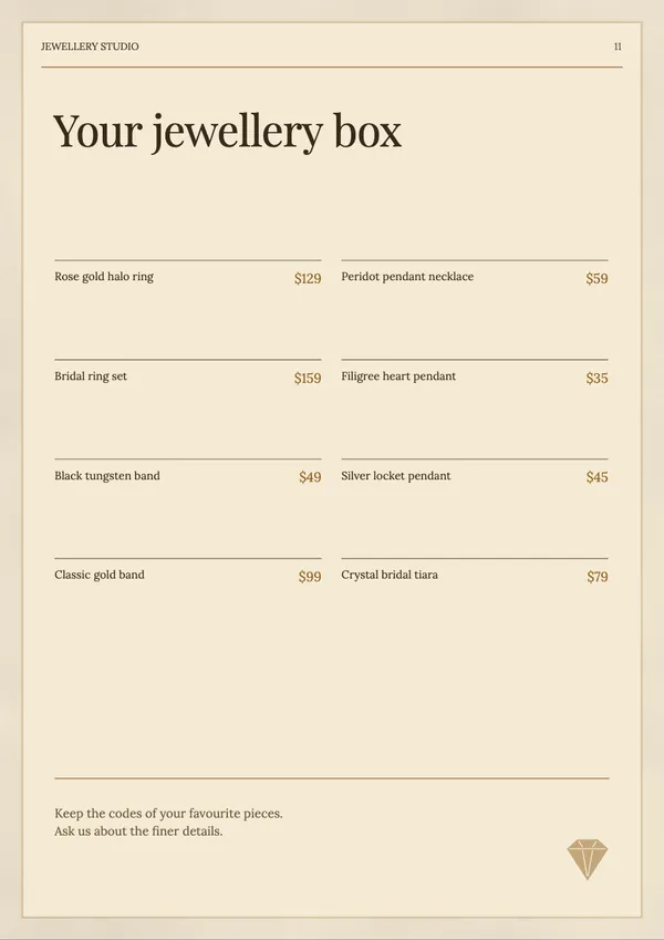 Page 11 of the Golden Hour jewellery catalogue template: shopping list