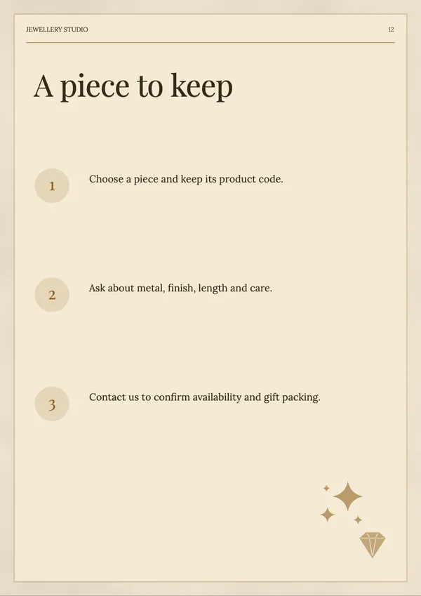Page 12 of the Golden Hour jewellery catalogue template: how to order