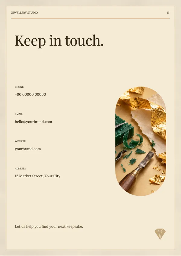 Page 13 of the Golden Hour jewellery catalogue template: back page