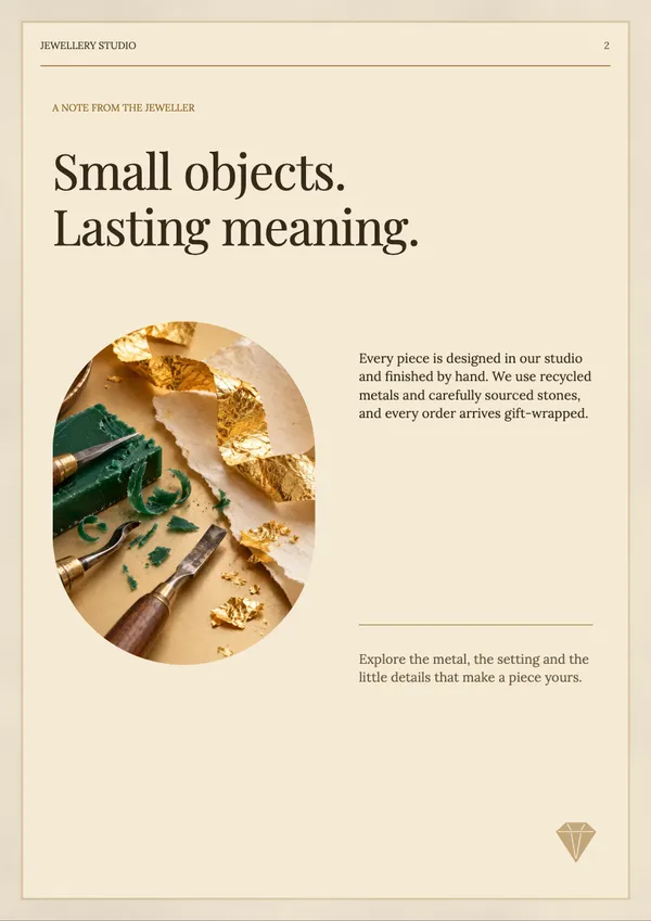 Page 2 of the Golden Hour jewellery catalogue template: introduction