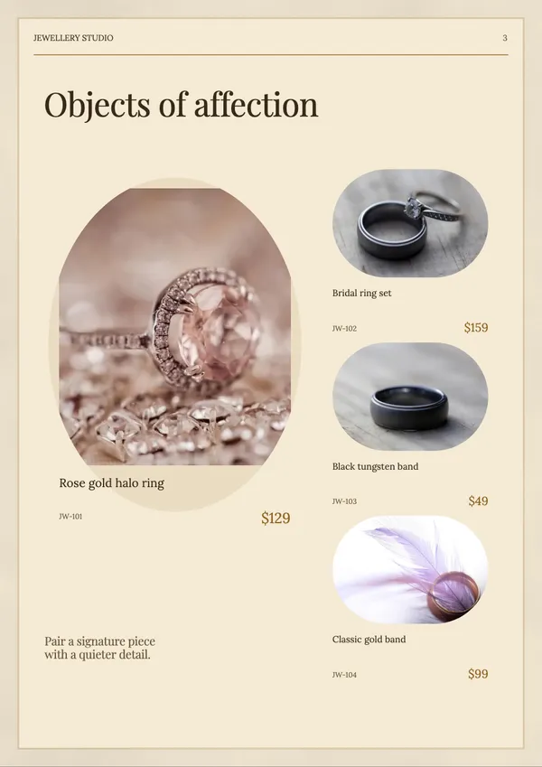 Page 3 of the Golden Hour jewellery catalogue template: jewellery setting tray