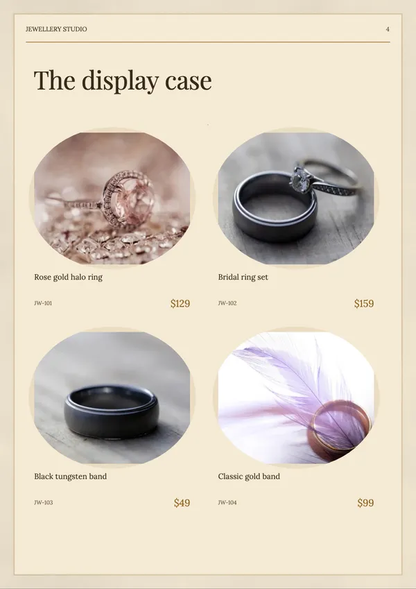 Page 4 of the Golden Hour jewellery catalogue template: four products