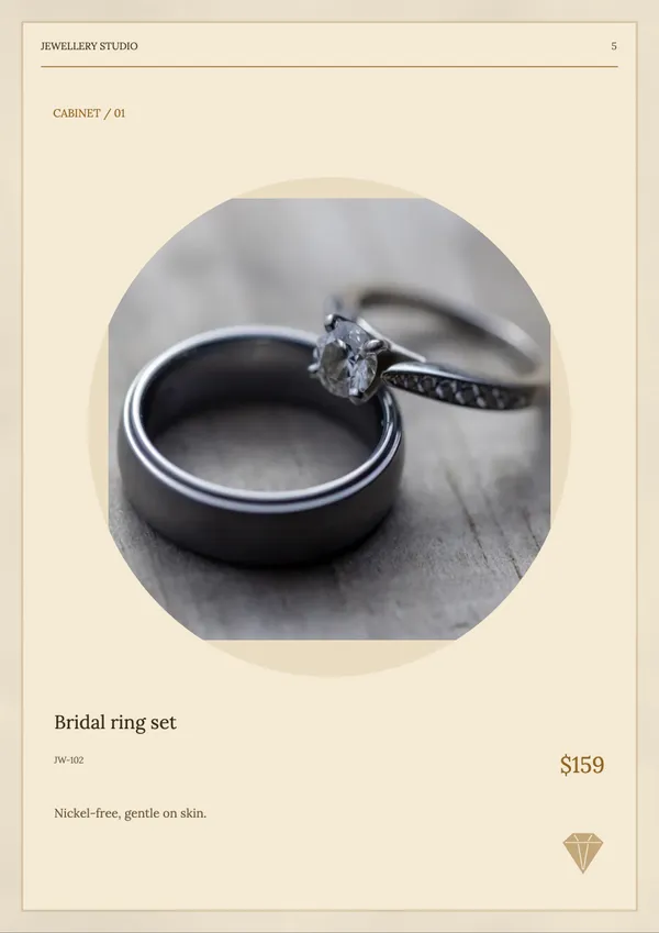 Page 5 of the Golden Hour jewellery catalogue template: product feature